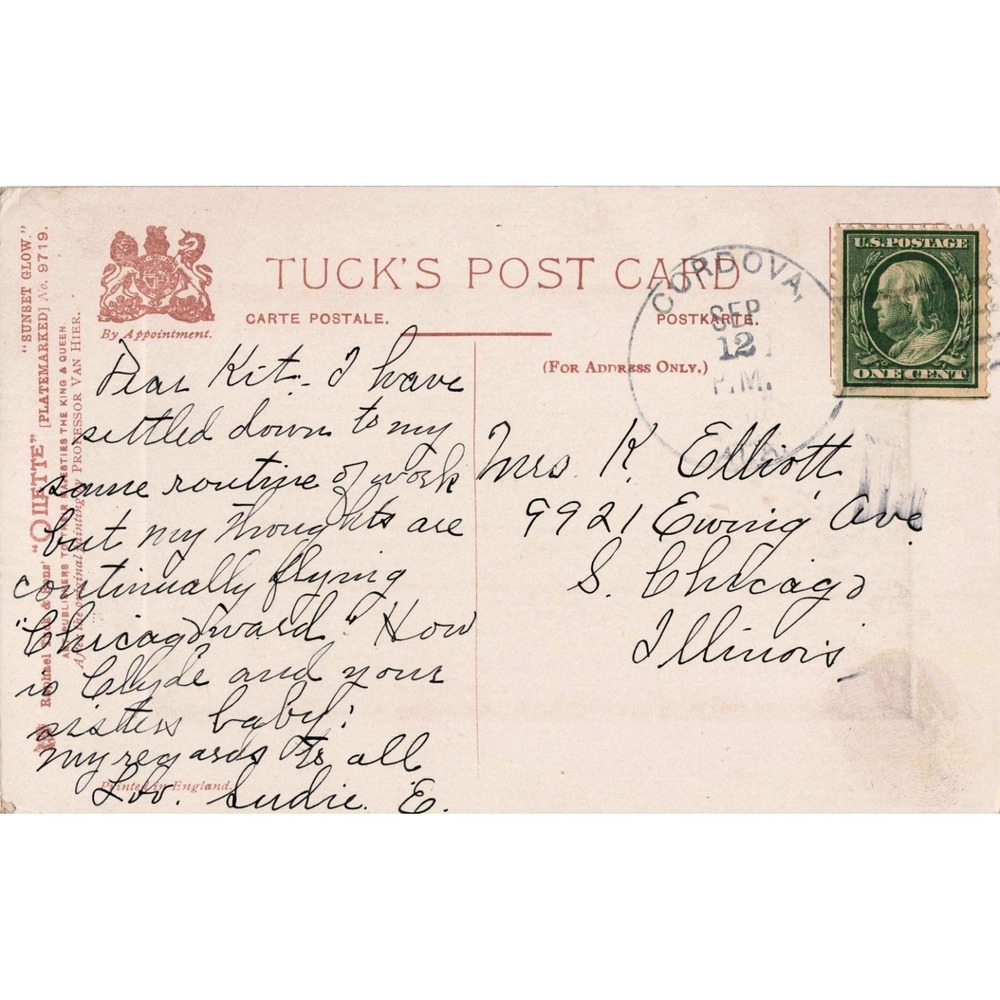 Vintage 1910 Raphael Tuck Oilette Postcard Sunset Glow Beattie No 9719 Illinois - Picture 2 of 2